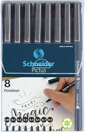 Produktbild: Schneider Pictus Fineliner (8 verschiedene Strichstärken: 0,05 - 0,9 mm, dokumentenechte Pigmetliner, metallgefasste Spitze, Gehäuse aus 85% recyceltem Kunststoff) schwarz, 8er Etui