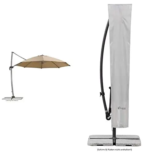 Produktbild: Schneider Sonnenschirm Rhodos Rondo, sand, 350 cm rund, 792-16, Gestell Aluminium, Bespannung Polyester, 22.4 kg & Schutzhülle für runde Ampelschirme bis 300 cm Ø, 813-00, silbergrau
