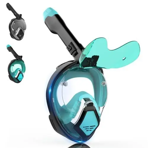 Produktbild: Schnorchelmaske für Erwachsene, Tauchmaske Erwachsene Mann mit Faltbarer Sonnenbrille, Vollmaske mit Kamera-Halterung, Vollgesichtsmaske 180° Sicht und Anti-Beschlag, Snorkel Mask Brillenträger