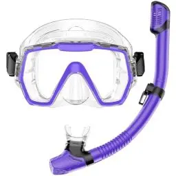 Produktbild: Schnorchelset Erwachsene Schnorchelausrüstung Anti-Leck und Anti-Beschlag gehärtete Glaslinse Panoramablick Schwimmmaske Trockenschnorchel-Kit für Schnorcheln Tauchen mit Tragetasche Lila