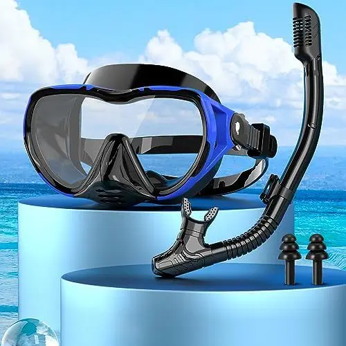 Produktbild: Schnorchelset Erwachsene mit Taucherbrille und Dry Schnorchel,Taucherbrille Erwachsene mit Linse Gehärtetem Glas Anti-Leck & Anti-Fog Panorama Tauchmaske für Schnorcheln, Schwimmen und Tauchen