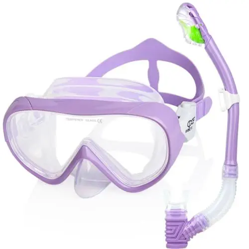 Produktbild: Schnorchelset Kinder, Taucherbrille Kinder Anti-Fog und Trocken Schnorchel - Anti-Leck Tauchmaske Dry Schnorchel Schnorcheln Set für Jungen Mädchen 4-14 (Lila Satz)
