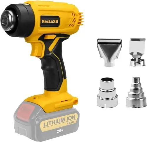 Produktbild: Schnurlose Heißluftpistole für DeWalt 20V Max Li-Ion Akku, 400W 990℉ (532℃) Heißluftpistole Überlastungsschutz mit 4 Düsenaufsätzen für Schrumpffolie, Basteln, Rohrbiegen (KEINE BATTERIE)