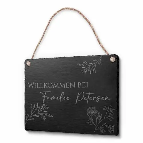 Produktbild: Schöne Schiefer Türschilder für die Haustür mit Gravur - 20x15 cm - Schiefer Schild mit Kordel zum Aufhängen - personalisiertes Familienschild Gartenschild Willkommensschild