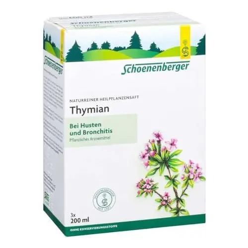Produktbild: Schoenenberger - Thymian naturreiner Heilpflanzensaft - 3x 200 ml (600 ml) Glasflaschen - wirksame Hilfe bei Husten und Bronchitis - pflanzliches Arzneimittel