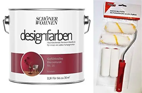 Produktbild: Schöner Wohnen designfarben feinmatte Wandfarbe für innen 2,5 Liter mit go/on Rollen-Set 5-tlg (Nr 16 Gefühlvolles Herzensrot)