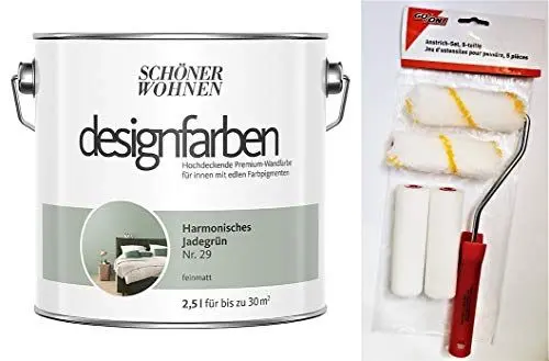 Produktbild: Schöner Wohnen designfarben feinmatte Wandfarbe für innen 2,5 Liter mit go/on Rollen-Set 5-tlg (Nr 29 Harmonisches Jadegrün)