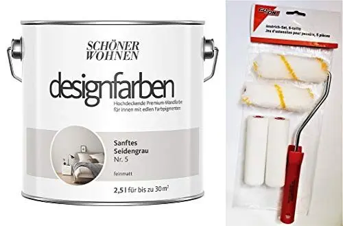 Produktbild: Schöner Wohnen designfarben feinmatte Wandfarbe für innen 2,5 Liter mit go/on Rollen-Set 5-tlg (Nr 5 Sanftes Seidengrau)