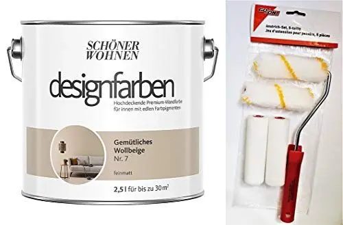 Produktbild: Schöner Wohnen designfarben feinmatte Wandfarbe für innen 2,5 Liter mit go/on Rollen-Set 5-tlg (Nr 7 Gemütliches Wollbeige)