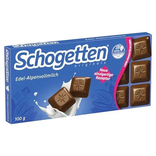 Produktbild: Schogetten Edel-Alpenvollmilch 100g Schokoladentafel, praktisch einzeln portioniert. Ein Genuss. Stück für Stück.