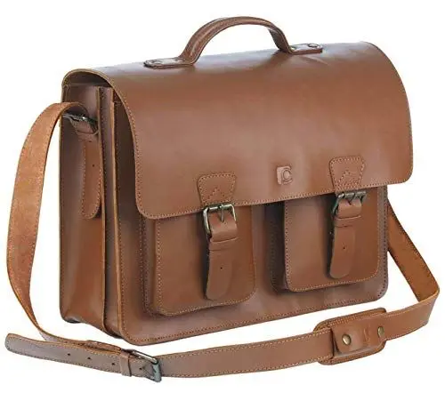 Produktbild: Schoolmaster classic in Cognac, stilvolle Lehrertasche & Aktentasche aus echtem Leder, viele Innenfächer, Umhängetasche für Damen & Herren, 40 x 32 x 18 cm, braun