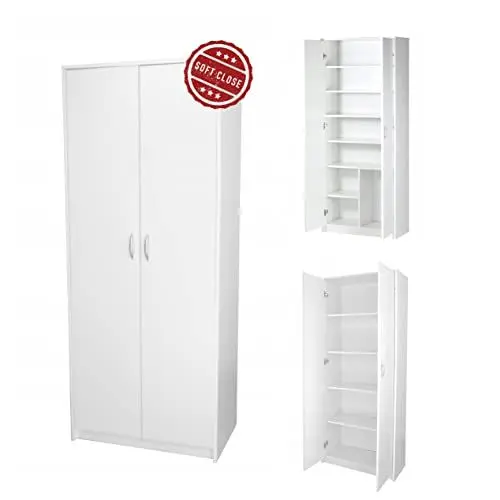 Produktbild: Schrank Mehrzweckschrank mit Soft Close Türdämpfer weiß 74cm Breite 180cm Höhe mit Vier Einlegeböden, Aktenschrank Haushaltsschrank Organizer aus MDF Holz