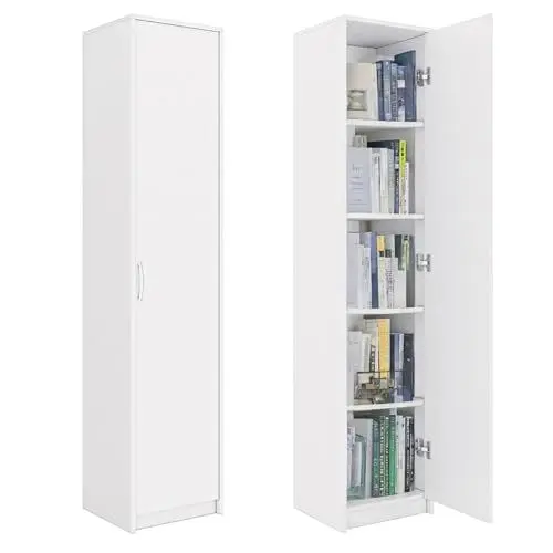 Produktbild: Bücherregal Kleiderschrank Regal weiß 40cm breit 180cm hoch Schrank Organizer Mehrzweckschrank mit 4 verstellbaren Einlegeböden Aktenschrank Regal Wand schmal Holz für Schlafzimmer Flur Keller Büro