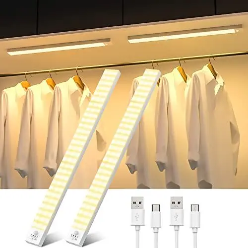 Produktbild: Schrankbeleuchtung LED 2Stück, 43.5CM LED Unterbauleuchte Küche, 2500mAh USB Wiederaufladbar Küchenlampe mit Bewegungsmelder, 84 LEDS Küchenlampe für Schlafzimmer, Schrank, Kleiderschrank(Warmweiß)