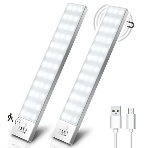 Produktbild: OUILA Schrankbeleuchtung LED mit Bewegungsmelder 2 Stück Schranklicht Schrankleuchte Led Leiste Batterie USB Wiederaufladbar Unterbauleuchte Küche für Kleiderschrank, Treppe, Kofferraum, RV