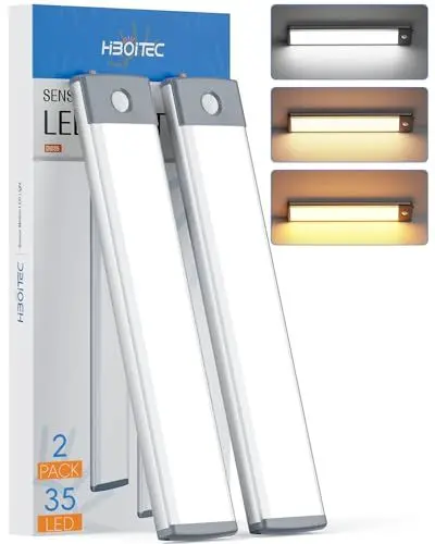Produktbild: Schrankbeleuchtung LED mit Bewegungsmelder 3 Farbmodi Dimmbar, Unterbauleuchte küche 35 LED Schranklicht Schrankleuchte Lichtleiste USB Wiederaufladbar Für Kleiderschrank, Unterschrank(2 Stück)
