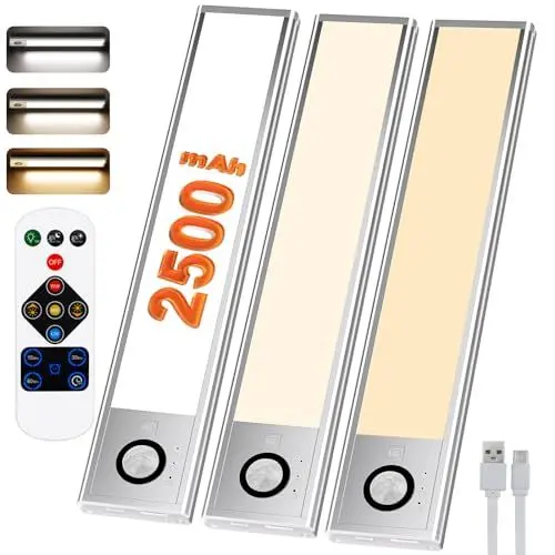 Produktbild: Schrankbeleuchtung Led mit Fernsteuerung und Bewegungsmelder, 20cm Unterschrank Beleuchtung, 2500mAh 3 Modi 3 Farben 3000k-6000K Unterbauleuchte Kabellose Lichtleiste Küche (3 Stück)