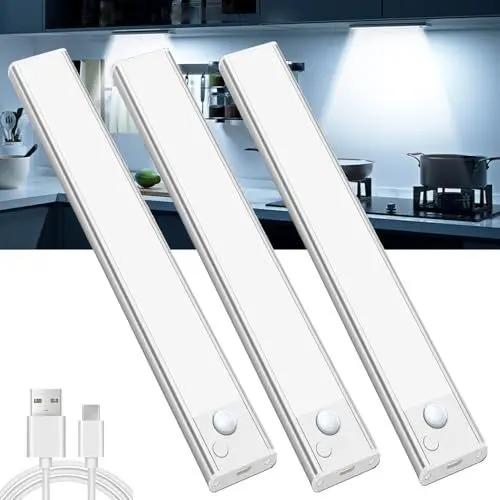 Produktbild: Schrankbeleuchtung Unterbauleuchte Küche Led Bewegungsmelder - 20CM Weiß 3 Stück Kabellos Unterschrank Lichtleiste mit USB Aufladbar Akku Unterbau Küchen Beleuchtung für Kleiderschrank Unterschrank