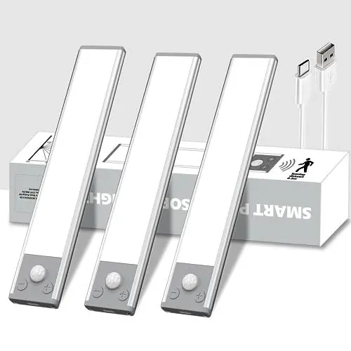 Produktbild: Schrankbeleuchtung mit Bewegungsmelder 3 Stück, 600 mAh Nachtlicht Bewegungssensor Lichtleiste Dimmbar, 20CM Kabellose Unterbauleuchte LED Sensor Licht für Treppe Schlafzimmer Kleiderschrank