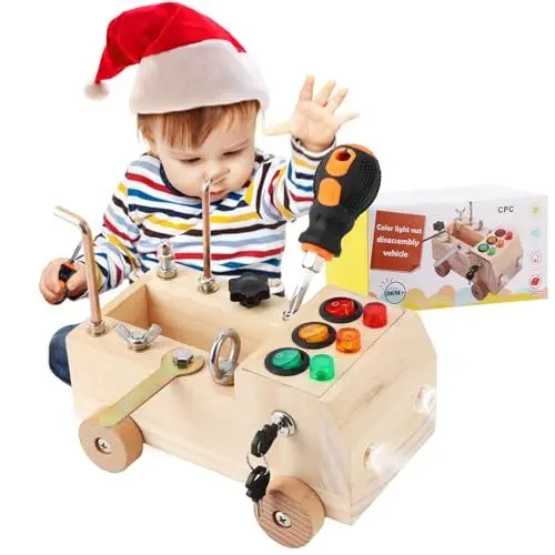 Produktbild: EOJDDPA Montessori Schraubbrett Kinder Holz, Montessori Spielzeug 2 Jahre, Lernspielzeug ab 2 Jahre mit LED-Lichtschalter & Schraubendreher-Tools, Sensorisches STEM Holzspielzeug, Geschenk für Kinder