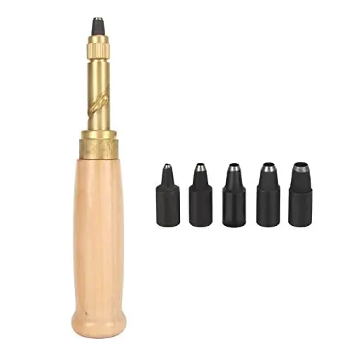 Produktbild: Schraublocher, Messing-Holzgriff, verstellbar, kraftsparend, japanischer Schraublocher mit 5 Spitzen für Gürtel, Uhrenarmband, Tasche
