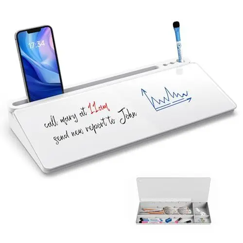 Produktbild: Schreibtisch Desk Organizer Whiteboard - Für kurze Notizen & Erinnerungen, Aus weißem Glas mit Schublade und Zubehörfach, Kompakter Schreibtisch Organizer White Board (Pad/Handy nicht enthalten)