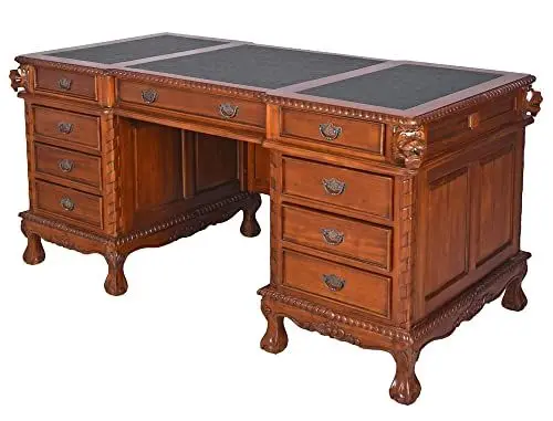 Produktbild: Schreibtisch „Manor House“ – Kolonialstil Chefschreibtisch aus Mahagoni (178×81×80 cm) mit Löwenkopf & 9 Schubladen, mar072 Palazzo Exklusiv