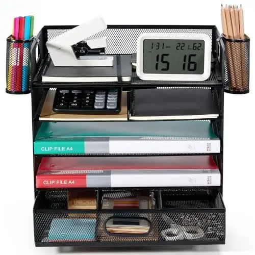 Produktbild: Schreibtisch Organizer，Desk Organizer，Ablage Schreibtisch，Briefablage 5-stöckiger Schreibtisch Organizer mit 2 Stifthalter, 2-Feilenregale aus Metall, Große Kapazität, Lösung aller Speicherprobleme