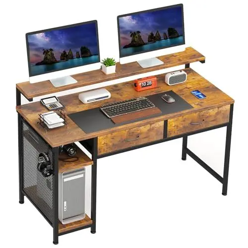 Produktbild: Schreibtisch mit 2 Schubladen, Computertisch mit Regal, Büro Tisch, Höhenverstellbar PC Tisch mit Monitorständer, Gaming Tisch, Holz Table Schreibtische für Home Office Desk - Rustikales Brau, 120CM