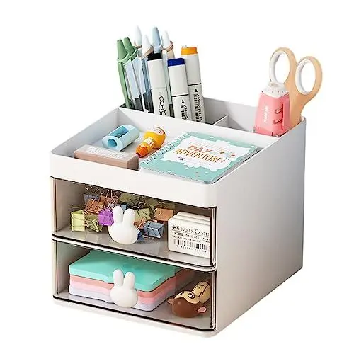 Produktbild: Schreibtischbedarf Organizer mit Schublade, Desktop Schreibwaren Aufbewahrungsbox Bleistifte Stifte Halter für Büro, Schule, Zuhause (Weiß)
