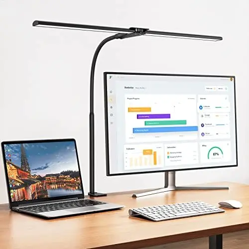 Produktbild: Schreibtischlampe LED Dimmbar, 1200 Lumen Doppelkopf Klemmbar für Homeoffice, Augenschutz Schwanenhals Büro Tischlampe, Monitor Lampe Schwarz mit 5 Farbtemperatur-Helligkeitsstufen