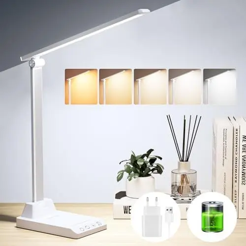 Produktbild: Schreibtischlampe LED Dimmbar - Tischlampe Schreibtischlampe Akku Kabellose mit 2500 mAh Wiederaufladbarem Akku, 5 Farben und 10 Helligkeitsstufen, USB Ladeanschluss, Bürolampe für Kinder Büro, Weiß