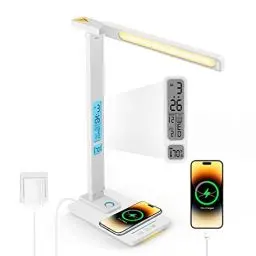 Produktbild: Schreibtischlampe LED Dimmbar mit Ladefunktion Uhr - Tischlampe Nachtlicht mit 10W Kabellosem Ladegerät, USB-Ladeanschluss Klappbare Schreibtisch Lampe Tx223white-eu