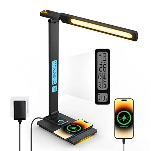 Produktbild: Schreibtischlampe LED Dimmbar mit Ladefunktion Uhr - Tischlampe Nachtlicht mit 10W Kabellosem Ladegerät, USB-Ladeanschluss Klappbare Schreibtisch Lampe, Touch 5-stufig Dimmbare Beleuchtung, 3 Modi