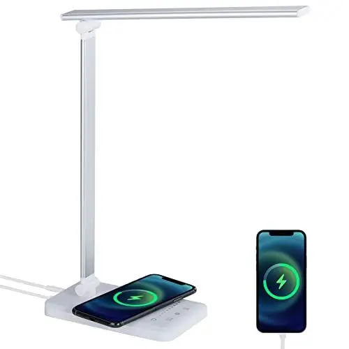 Produktbild: Liwqolx Schreibtischlampe, LED Tischlampe mit Wireless Charging, 5 Farben und 10 Helligkeitsstufen Dimmbar mit USB-Anschluss, Schreibtischleuchte Augenschutz, Leselicht für Zimmer Büro, Weiß