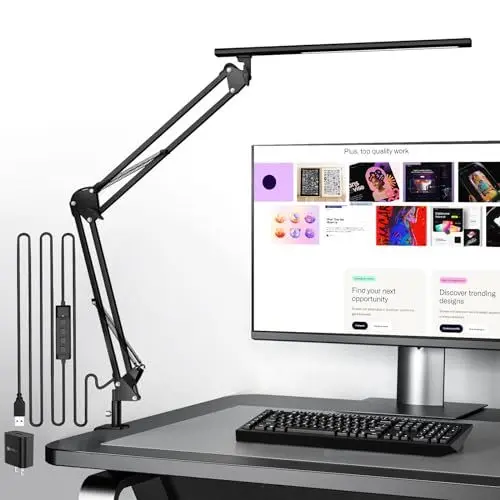 Produktbild: Schreibtischlampe für das Heimbüro, Schreibtischlampe Klemmbar , Architektenleuchte mit QC3.0 Adapter, Fresnel Linse, Tischlampe, 5 Farbmodi und Helligkeit, Klemmlampe mit Speicherfunktion, Schwarz