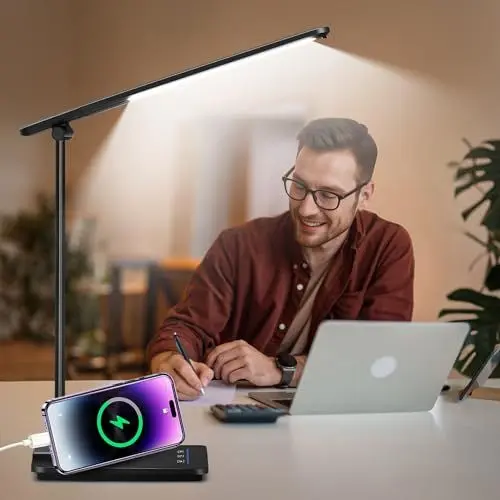 Produktbild: Schreibtischlampe Kinder mit CE Adapter & USB-Ladeanschluss für Smartphones, 5 Farbe&15 Helligkeitsstufen Tischlampe Schreibtischlampe LED Leselampe, Touch Dimmbar Nachttischlampe,Timer Table Lamp
