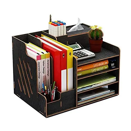 Produktbild: Hggzeg Schreibtisch-Organizer aus Holz, großes Fassungsvermögen, Aufbewahrungsbox für Bürobedarf (B07 Schwarz)