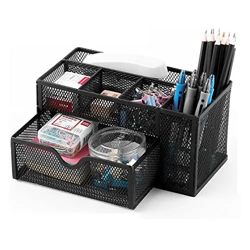 Produktbild: Schreibtisch-Organizer aus Netzstoff mit Schublade, multifunktionaler Stifthalter, Schreibtisch-Organizer für Zuhause, Büro, Schule, Zubehör, Caddy (schwarz)