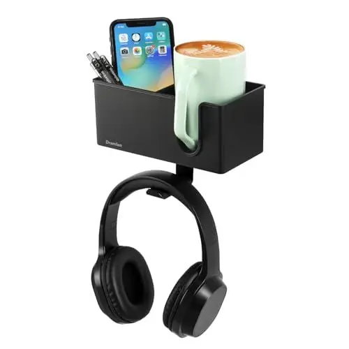 Produktbild: SchreibtischOrganizer mit Kopfhörer-Aufhänger, Schreibtisch-Getränkehalter für Schreibtisch-Aufbewahrung, Getränke, Handyhalter, Clip-on-Schreibtisch-Getränkehalter, drehbarer Kopfhörer-Aufhänger