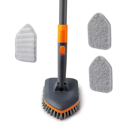 Produktbild: CLEANHOME Schrubber mit Stiel 4-in-1,Reinigungsbürste Bad,Enthält Schrubberbürste 2 Stück Schwammtuch und Mikrofasertücher,142 cm Teleskop-Fliesenbürste,zum Reinigen von Badewanne,Boden,Fläche,Spalt.
