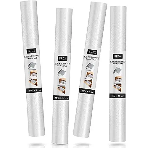 Produktbild: BROX® Schubladenmatte - 4 Schubladen Einlagen pro Set (150cm x 45cm) - Schrankpapier abwaschbar - Zuschneidbare Folie - rutschfeste Unterlage - Kühlschrankmatte - Folie Küchenschränke
