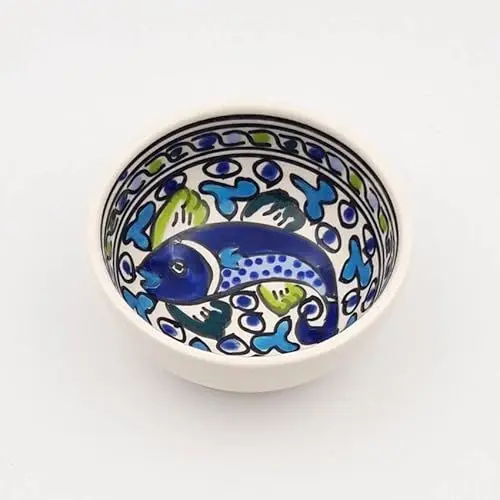 Produktbild: YODECO Handgefertigte Fisch-Schüssel, 10 cm Durchmesser, Mediterranes Design, Keramik, Blau, Rund, für Saucen und Dips