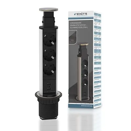 Produktbild: SCHÜTTE 3073 versenkbare Steckdosenleiste für die Arbeitsplatte (2xUSB&3x230VSteckdosen),EinbausteckdosefürdieKüchezumNachrüsten,TischsteckdoseausEdelstahl