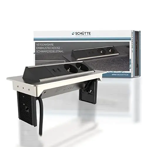 Produktbild: SCHÜTTE 3074 klappbare Steckdosenleiste für die Arbeitsplatte (2x USB & 2x 230 V Steckdosen), Einbausteckdose für die Küche zum Nachrüsten, Tischsteckdose aus Edelstahl