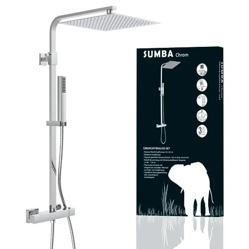 Produktbild: SCHÜTTE 60049 SUMBA Duschsystem Regendusche mit Thermostat und Wandhalterung, 30x30cm Edelstahl Duschkopf, Duschset inkl. Duscharmatur, Duschstange Brause, Chrom