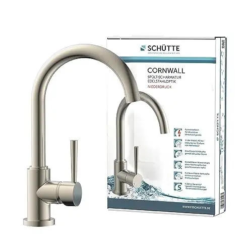 Produktbild: SCHÜTTE 79129 CORNWALL Küchenarmatur Niederdruck, Spültischarmatur mit hohem Auslauf, Einhebelmischer, energiesparend, 360 ° schwenkbar, Wasserhahn Küche, Armatur Spüle, Edelstahl