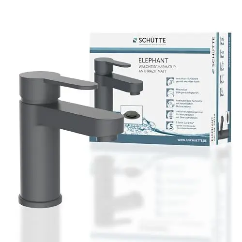 Produktbild: SCHÜTTE ELEPHANT Waschtischarmatur, elegante Mischbatterie inkl. Ablaufventil fürs Badezimmer, Wasserhahn Bad mit Pop-Up-Exzenter, Badarmatur Waschbecken Anthrazit matt, 34214