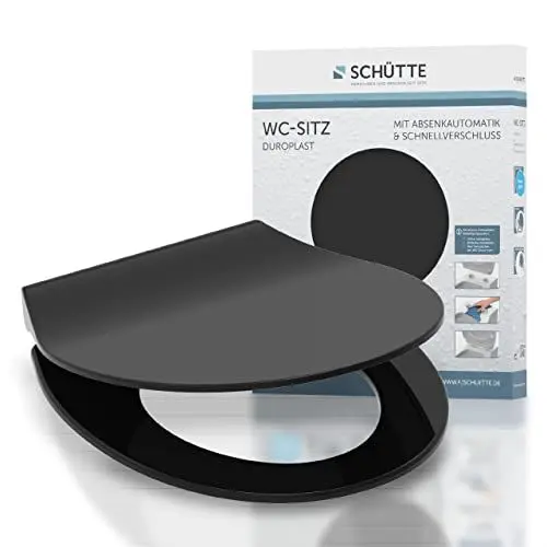 Produktbild: SCHÜTTE SLIM BLACK WC-Sitz, Duroplast Toilettensitz mit Absenkautomatik, Toilettendeckel mit Schnellverschluss für einfache Reinigung, Klobrille passend für alle handelsüblichen WC-Becken, schwarz