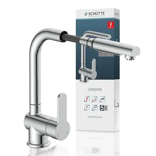 Produktbild: Schütte Niederdruck Küchenarmatur LONDON mit ausziehbarer Geschirrbrause, Armatur für Boiler/Untertischgeräte, 360 Grad schwenkbarer Wasserhahn Küche, Mischbatterie Spültischarmatur 79719, Chrom